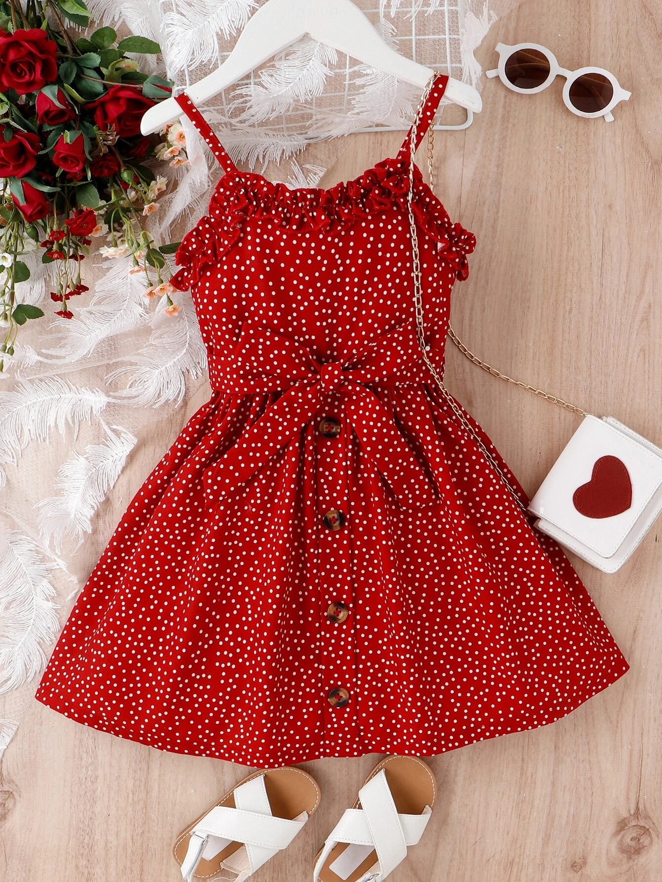 Polka Dot Frill Trim Belted Cami Dress Little Dreamer Wear